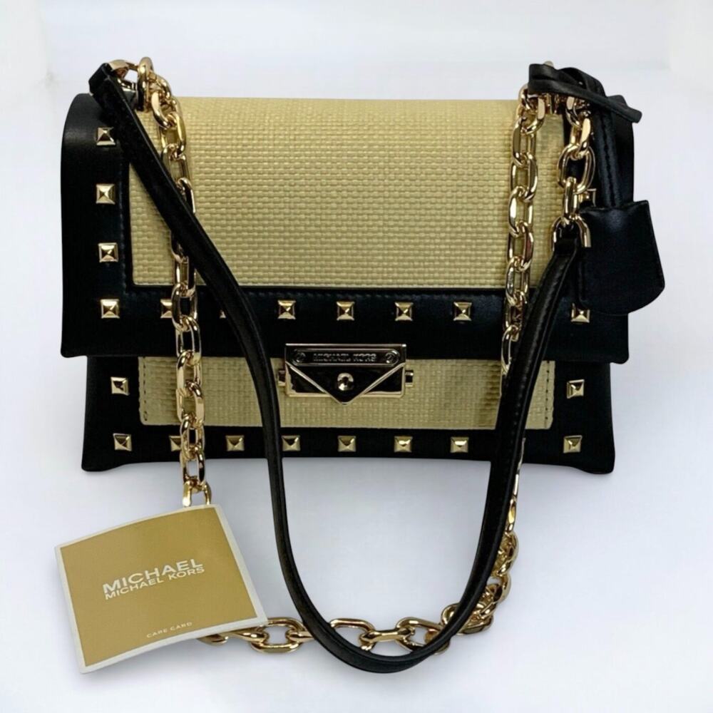 Michael Kors Cece Flap Shoulder Bag Studded Beige Black Chain Leather Strap NWT